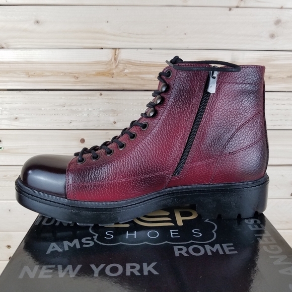 Men's Boots 10M 100% Genuine Leather Burgundy Biker Paul Branco Side Zip Lace-up - Picture 5 of 10